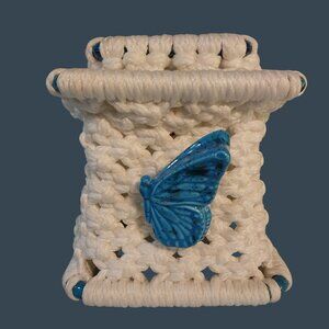 Macrame Tissue Box Cover White With Blue Ceramic Butterfly